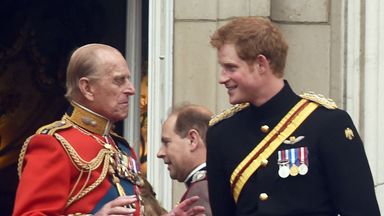 Prince Philip, Duke of Edinburgh, Prince Harry, Catherine, Duchess of Cambridge and Prince William, Duke of Cambridge stand on the balcony of Buckingham Palace following the Trooping the Colour ceremony in London on June 14, 2014.